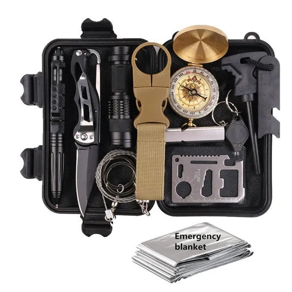 Black stainless steel 13-piece survival treasure box kit with tools displayed beside shockproof storage case