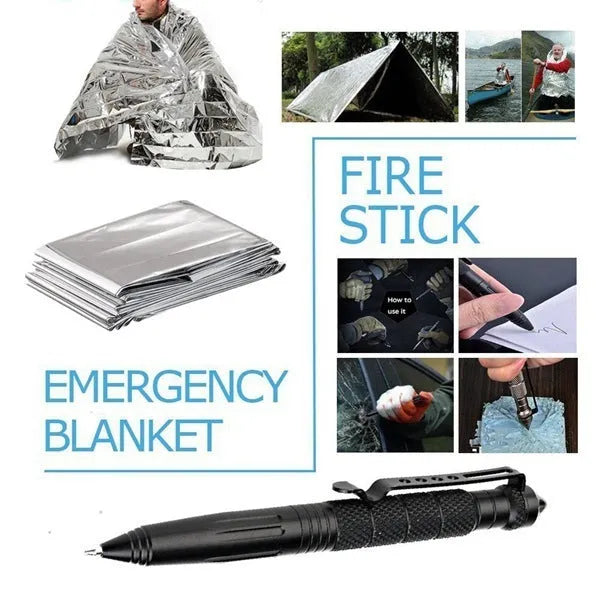 Black stainless steel 13-piece survival treasure box kit with tools displayed beside shockproof storage case