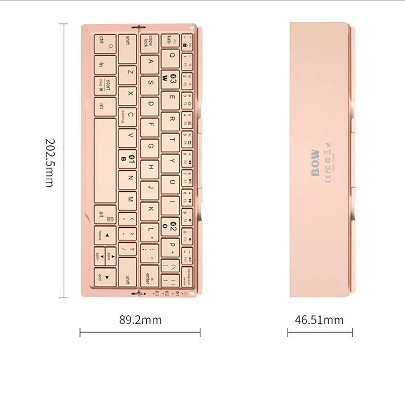 Silver white folding Bluetooth keyboard with hidden stand supporting smartphone, shown open and closed