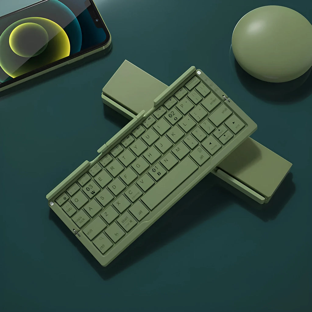 Silver white folding Bluetooth keyboard with hidden stand supporting smartphone, shown open and closed