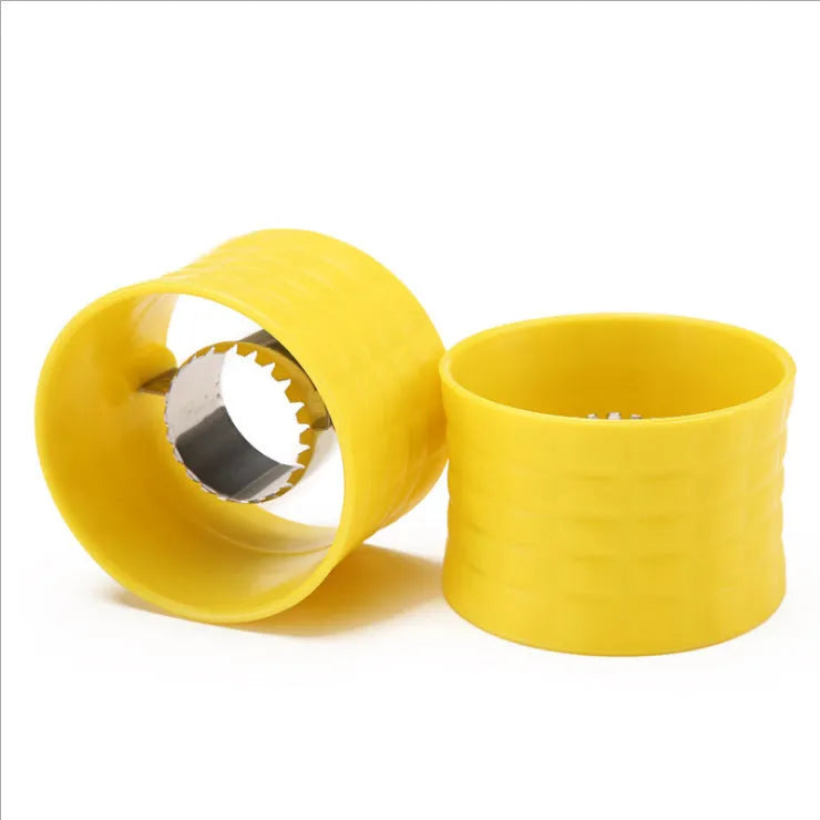 Yellow manual corn thresher kitchen tool with corn-shaped design and stainless steel gear