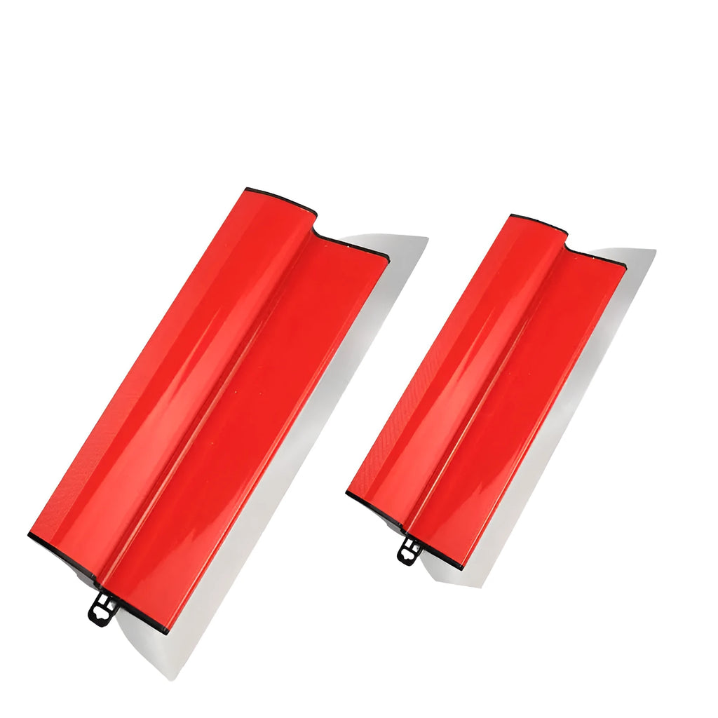 Red leveling scraper tool with a 40 cm wide steel blade for wall preparation