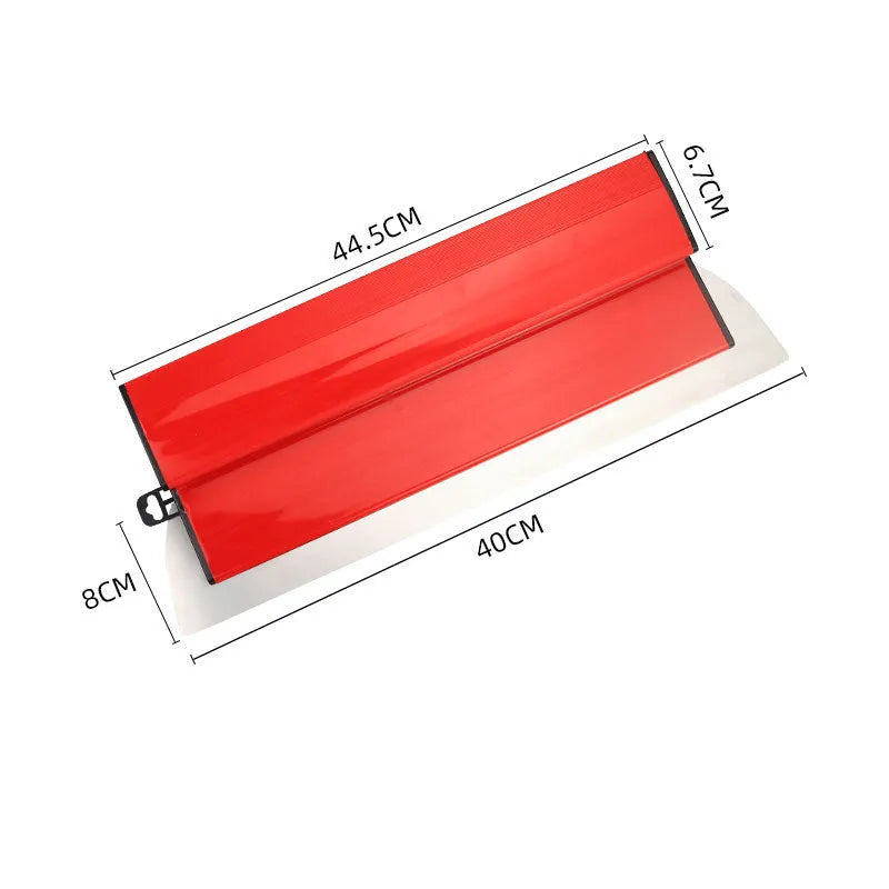 Red leveling scraper tool with a 40 cm wide steel blade for wall preparation