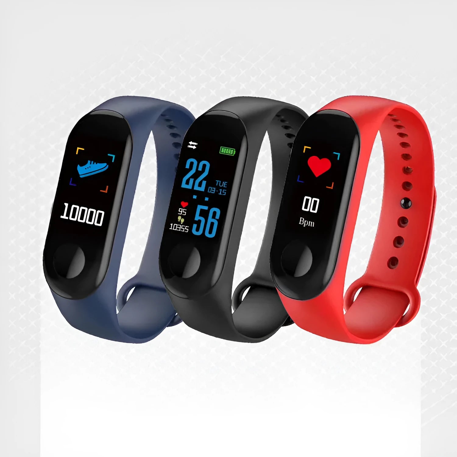 M3 Smart Fitness Bracelet with colour screen showing heart rate and step count data.