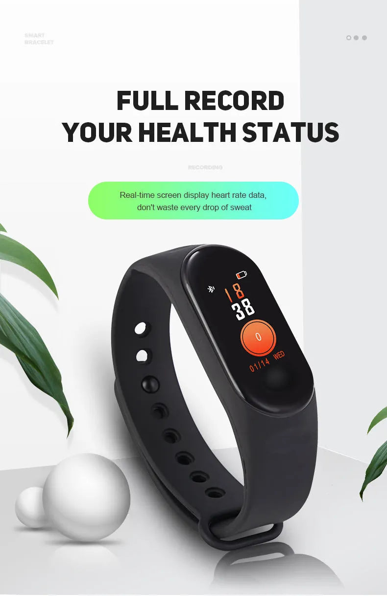 M3 Smart Fitness Bracelet with colour screen showing heart rate and step count data.