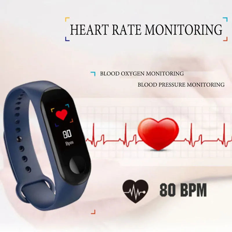 M3 Smart Fitness Bracelet with colour screen showing heart rate and step count data.