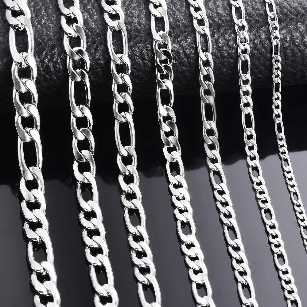 Silver stainless steel Figaro Cuba chain necklace on white background