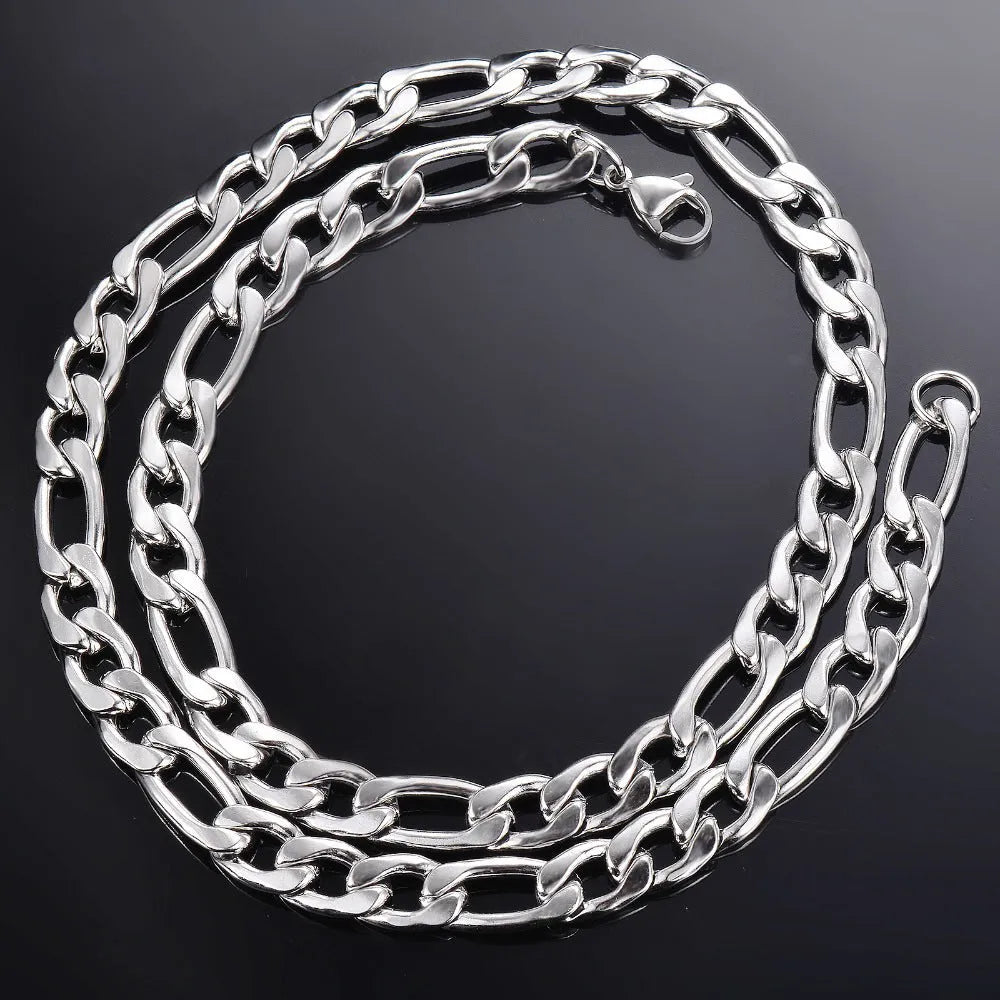 Silver stainless steel Figaro Cuba chain necklace on white background