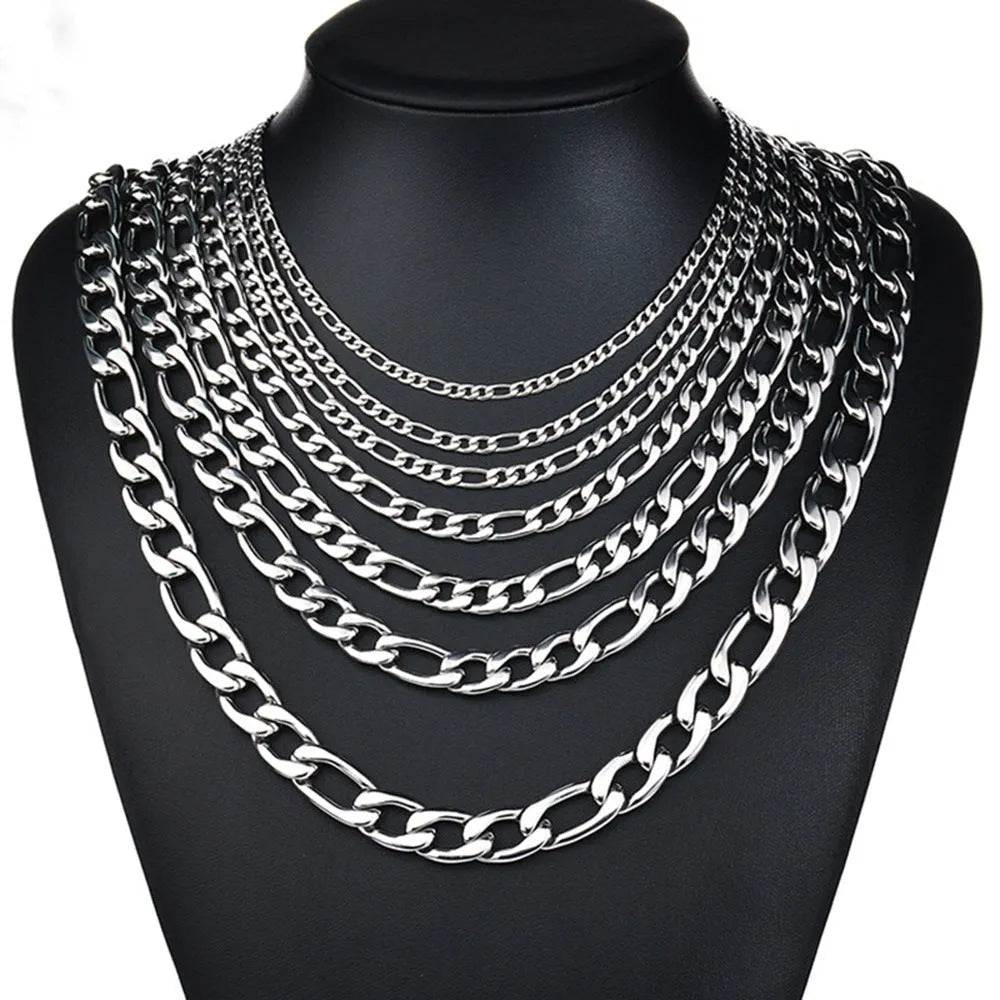Silver stainless steel Figaro Cuba chain necklace on white background