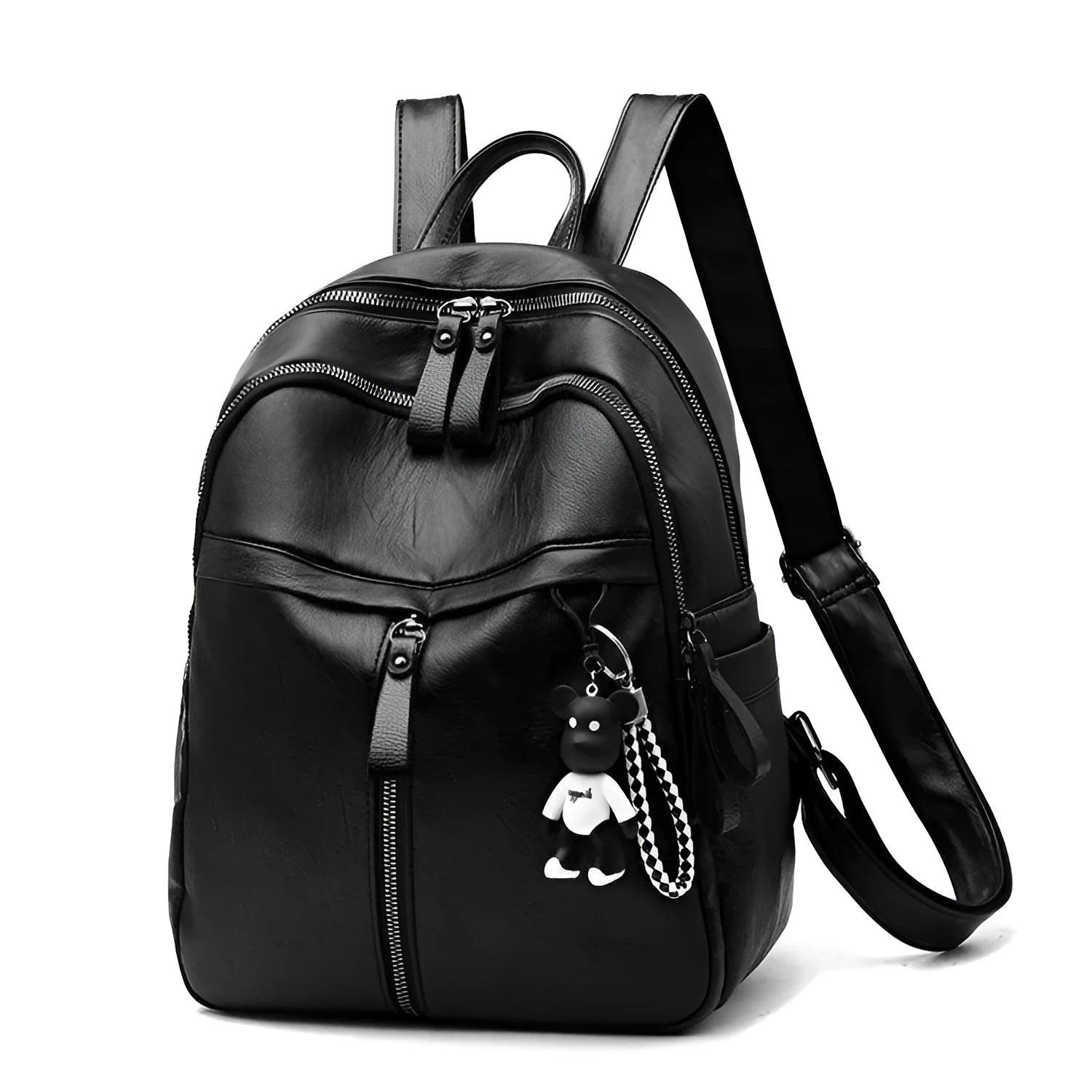 Black PU leather student backpack with double straps showing 20-35L capacity and organisational features