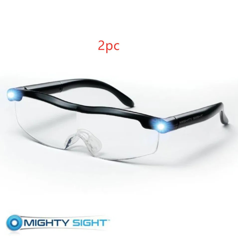 Transparent black USB LED reading glasses with illuminated frames on a dark background.