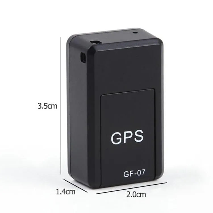 Black plastic magnetic GPS car tracker device measuring 35x20x14mm with USB charging cable