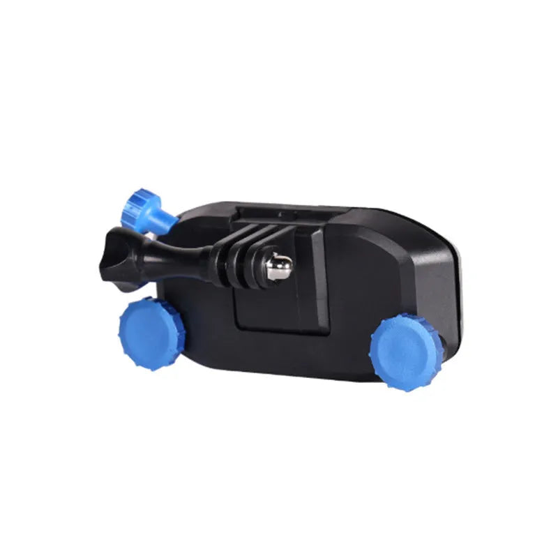 Blue and red plastic shoulder strap buckle clip for mounting sports cameras on backpacks.