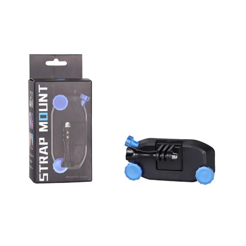 Blue and red plastic shoulder strap buckle clip for mounting sports cameras on backpacks.