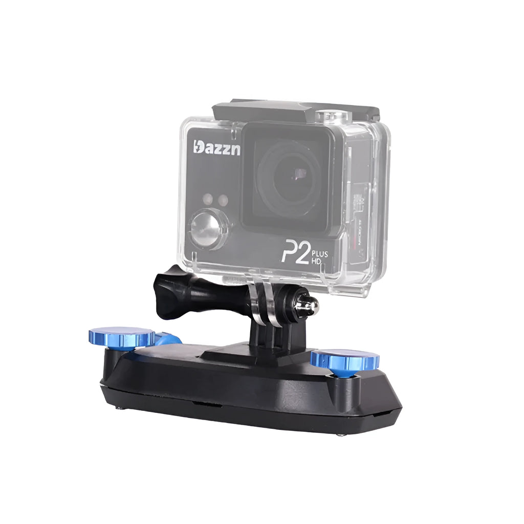 Blue and red plastic shoulder strap buckle clip for mounting sports cameras on backpacks.