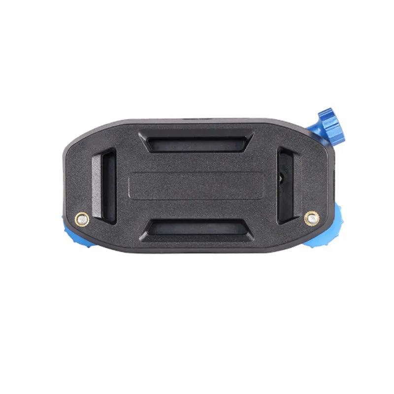 Blue and red plastic shoulder strap buckle clip for mounting sports cameras on backpacks.