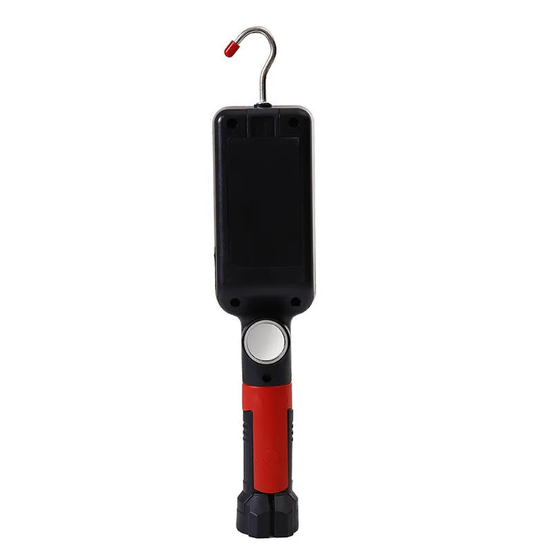 Red COB LED rechargeable flashlight with magnetic base, showing scale and USB cable.