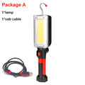 Red COB LED rechargeable flashlight with magnetic base, showing scale and USB cable.