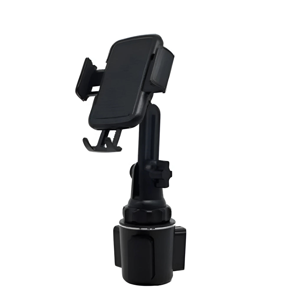 Black ABS car phone holder with 360-degree rotating head and adjustable height mechanism