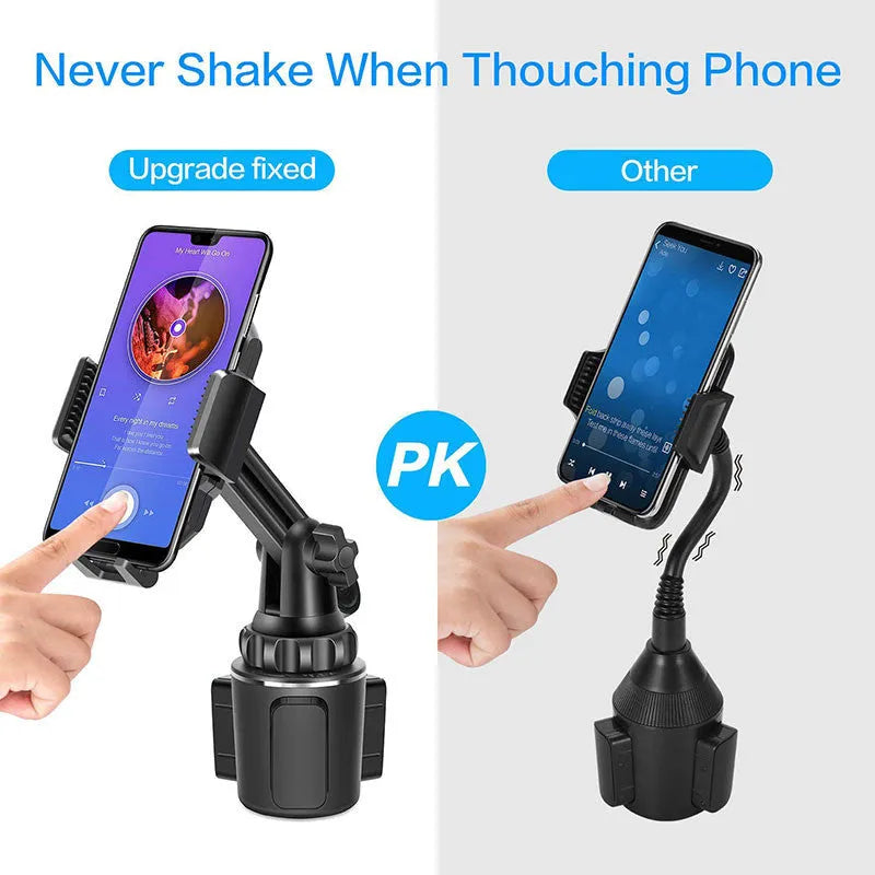 Black ABS car phone holder with 360-degree rotating head and adjustable height mechanism