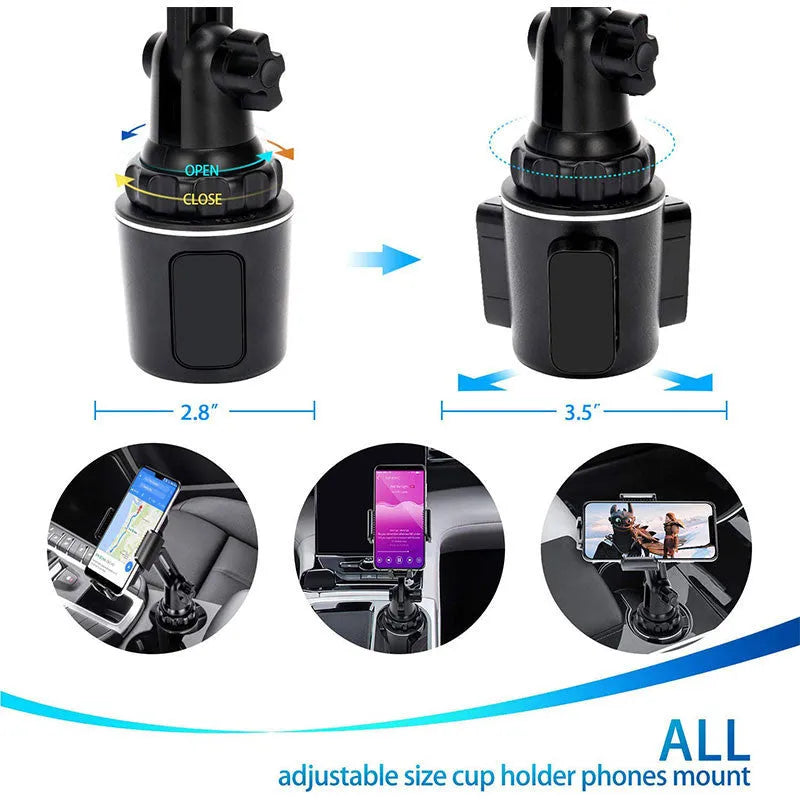 Black ABS car phone holder with 360-degree rotating head and adjustable height mechanism