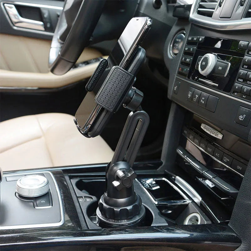 Black ABS car phone holder with 360-degree rotating head and adjustable height mechanism