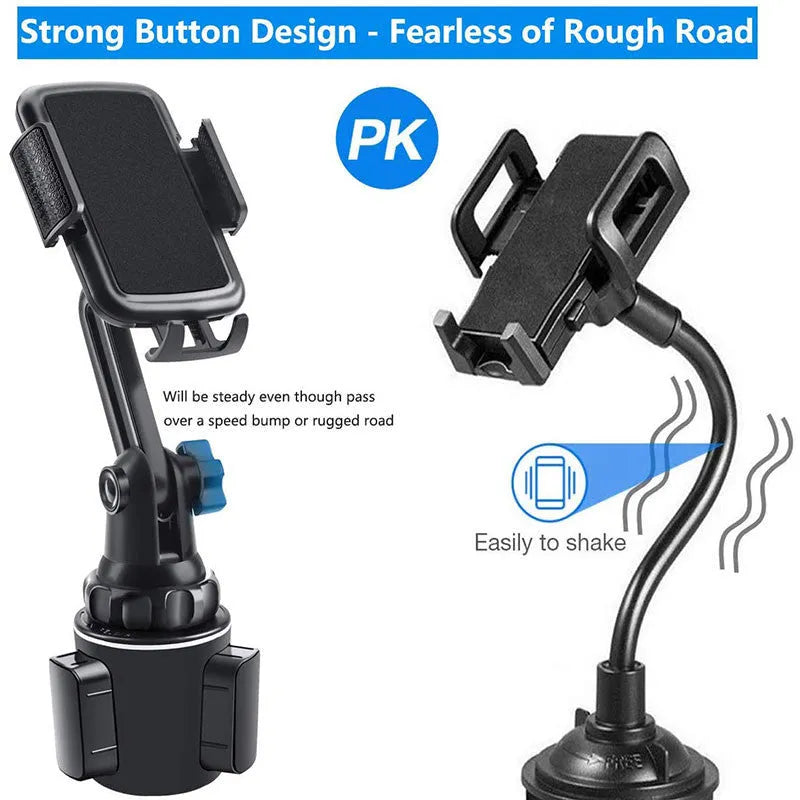 Black ABS car phone holder with 360-degree rotating head and adjustable height mechanism