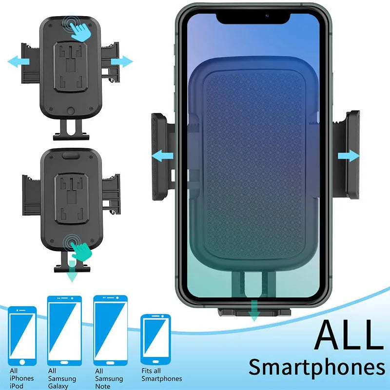 Black ABS car phone holder with 360-degree rotating head and adjustable height mechanism