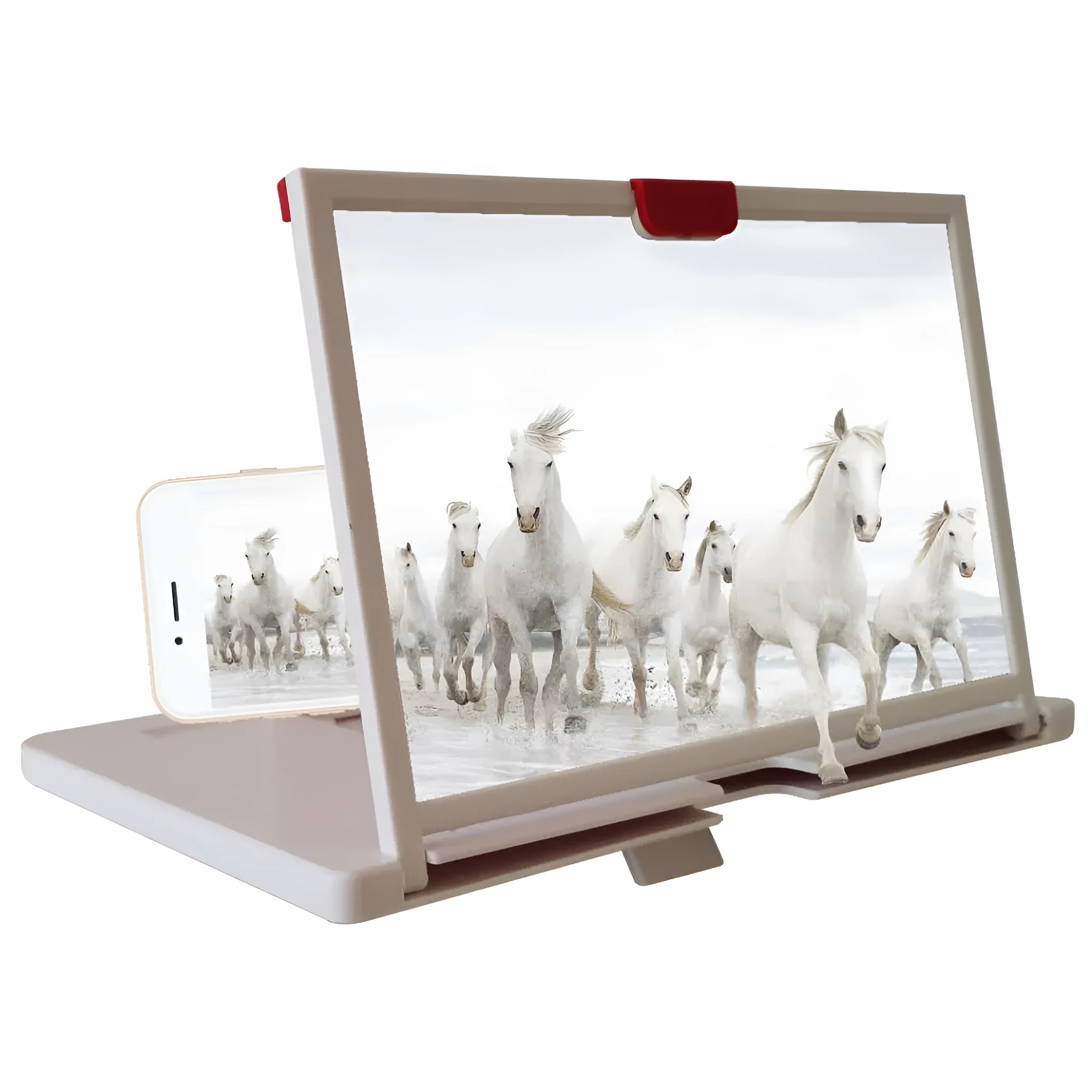 Red, black, and white desktop mobile phone screen magnifier holder in 10-inch and 12-inch sizes.