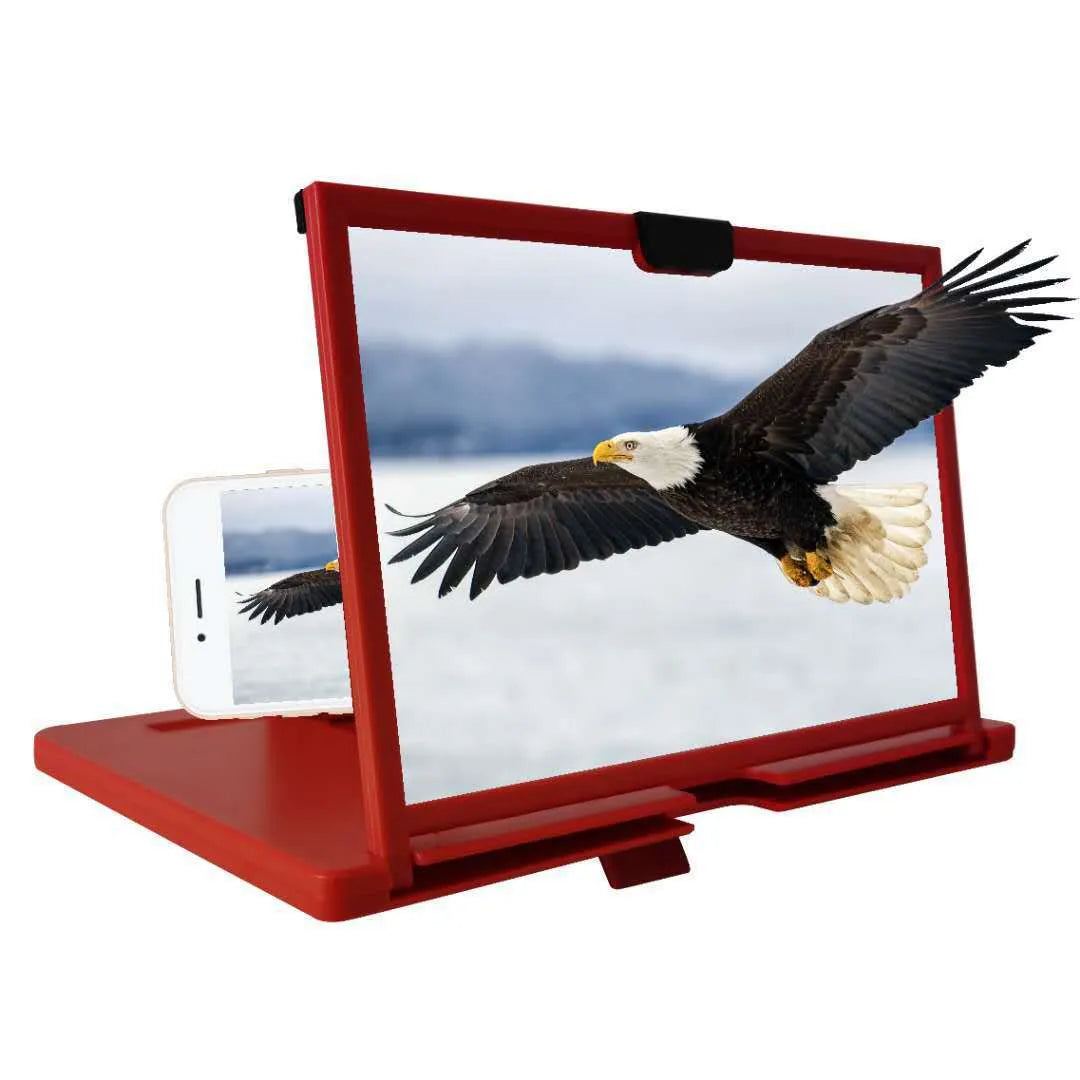 Red, black, and white desktop mobile phone screen magnifier holder in 10-inch and 12-inch sizes.