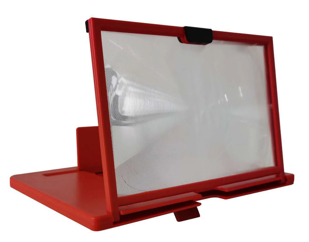 Red, black, and white desktop mobile phone screen magnifier holder in 10-inch and 12-inch sizes.