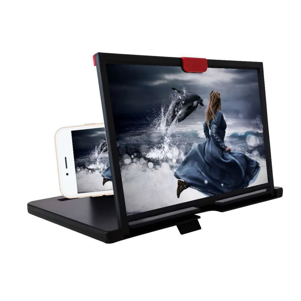 Red, black, and white desktop mobile phone screen magnifier holder in 10-inch and 12-inch sizes.