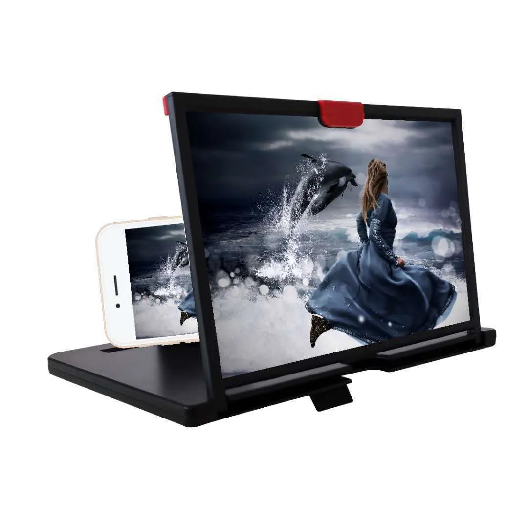 Red, black, and white desktop mobile phone screen magnifier holder in 10-inch and 12-inch sizes.