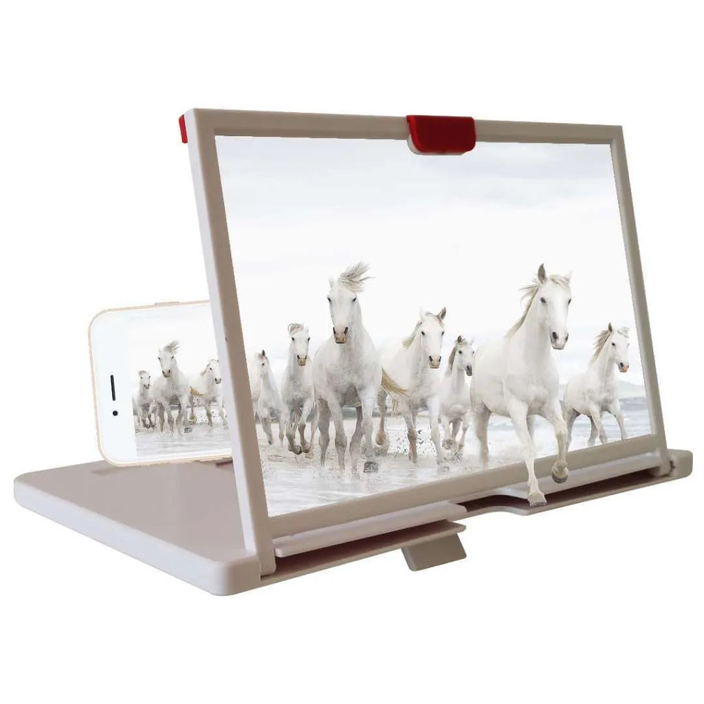 Red, black, and white desktop mobile phone screen magnifier holder in 10-inch and 12-inch sizes.