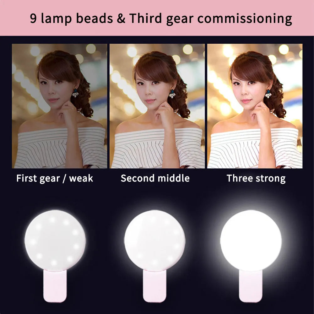 Round clip-on mini fill light for mobile phone selfie photography in four colour options