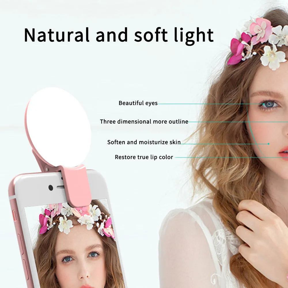 Round clip-on mini fill light for mobile phone selfie photography in four colour options