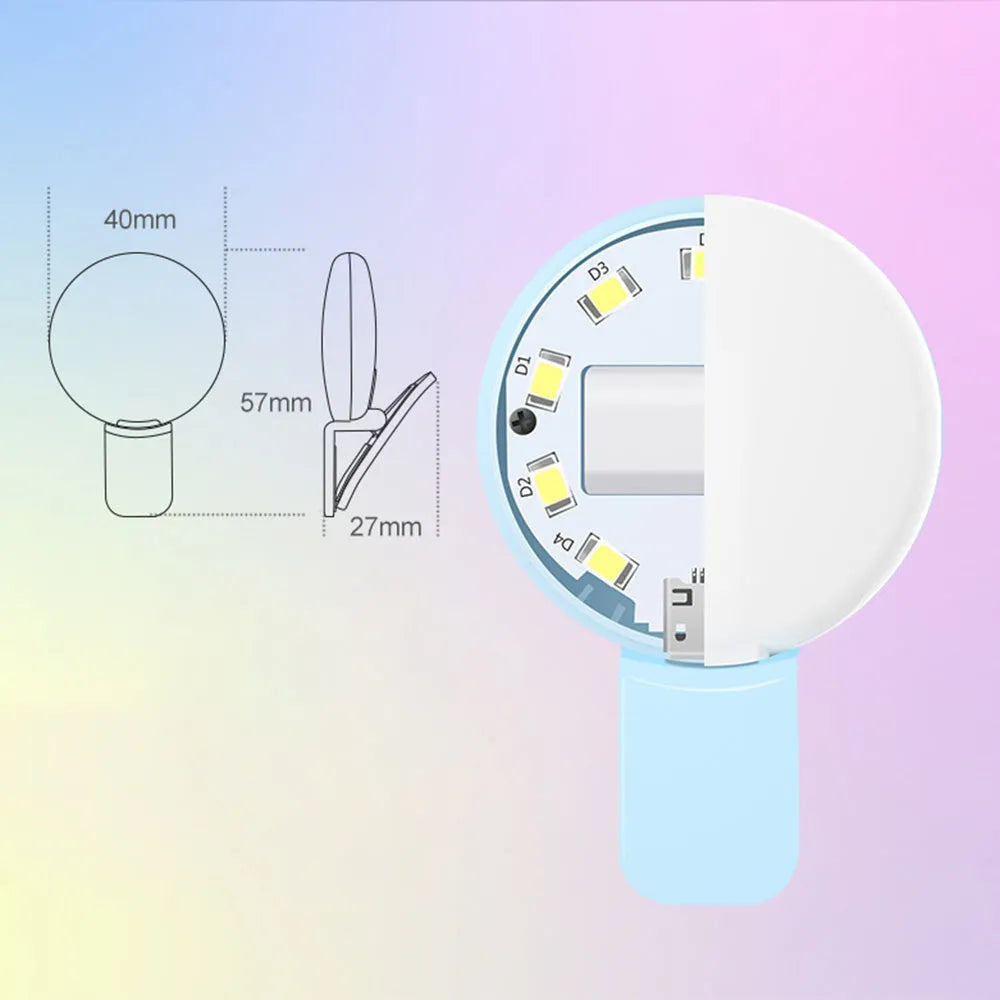 Round clip-on mini fill light for mobile phone selfie photography in four colour options
