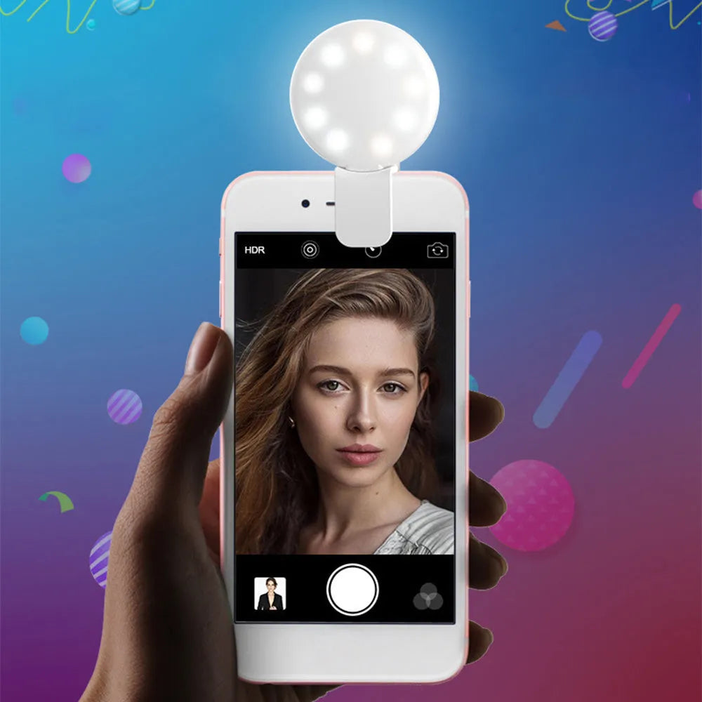 Round clip-on mini fill light for mobile phone selfie photography in four colour options