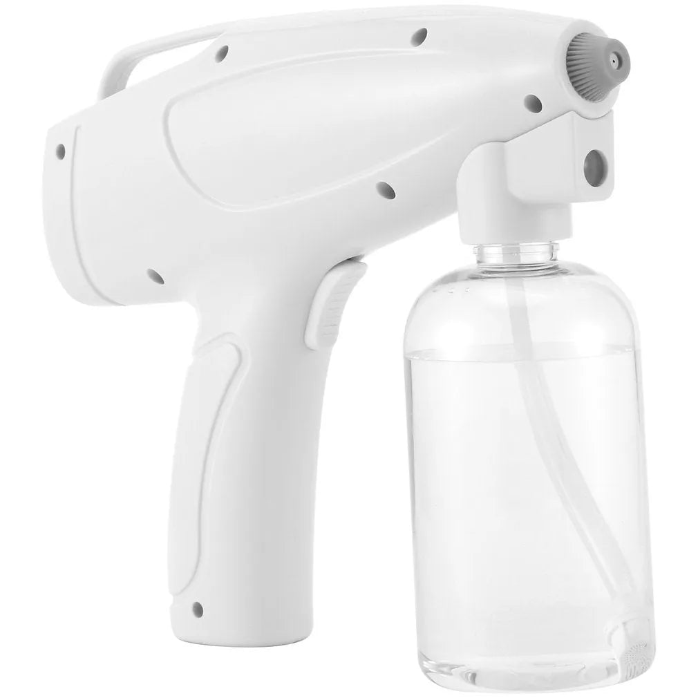 White handheld cordless electric spray gun with USB charging cable on a white background.