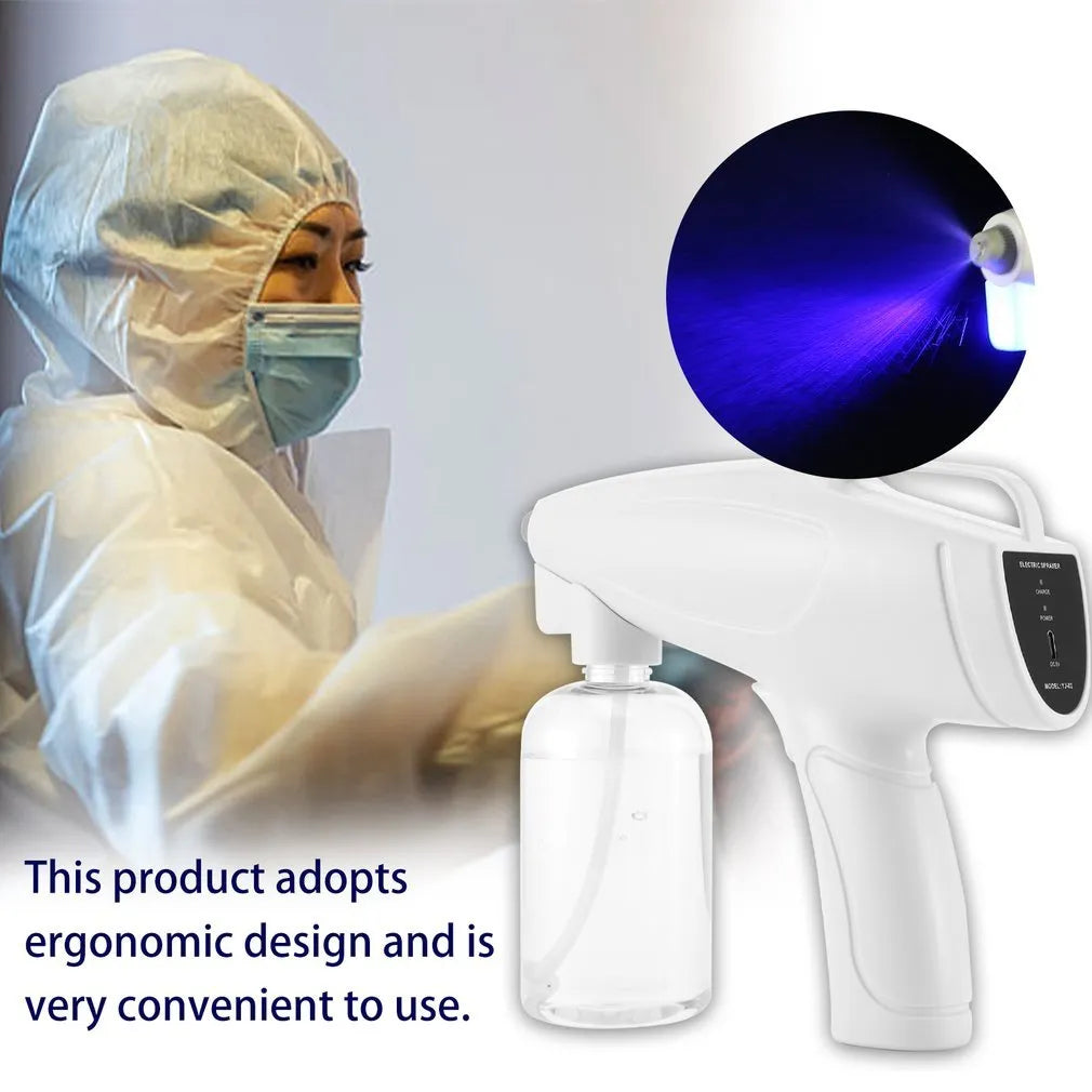 White handheld cordless electric spray gun with USB charging cable on a white background.