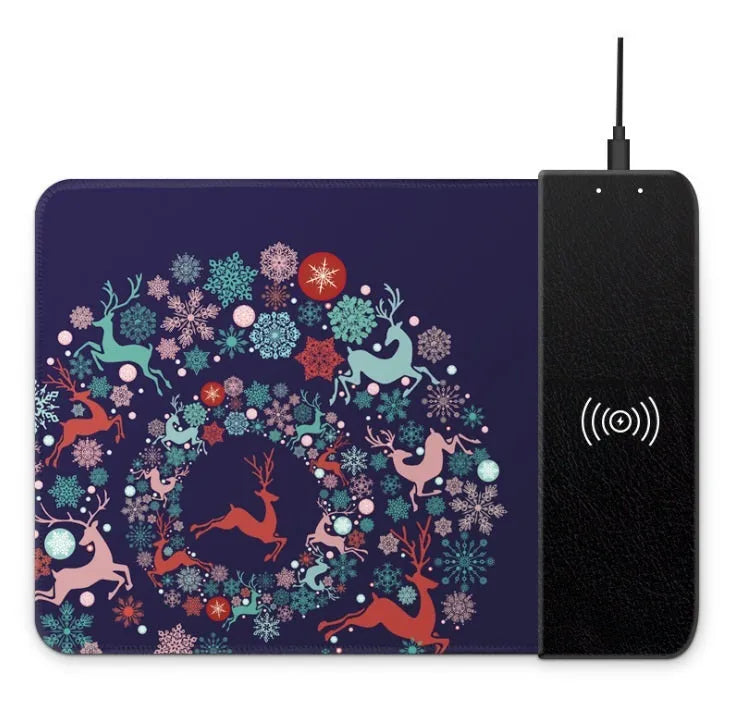 Cartoon pattern wireless charging mouse pad with RGB lighting showing smartphone charging on surface