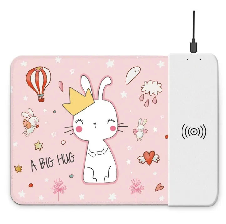Cartoon pattern wireless charging mouse pad with RGB lighting showing smartphone charging on surface