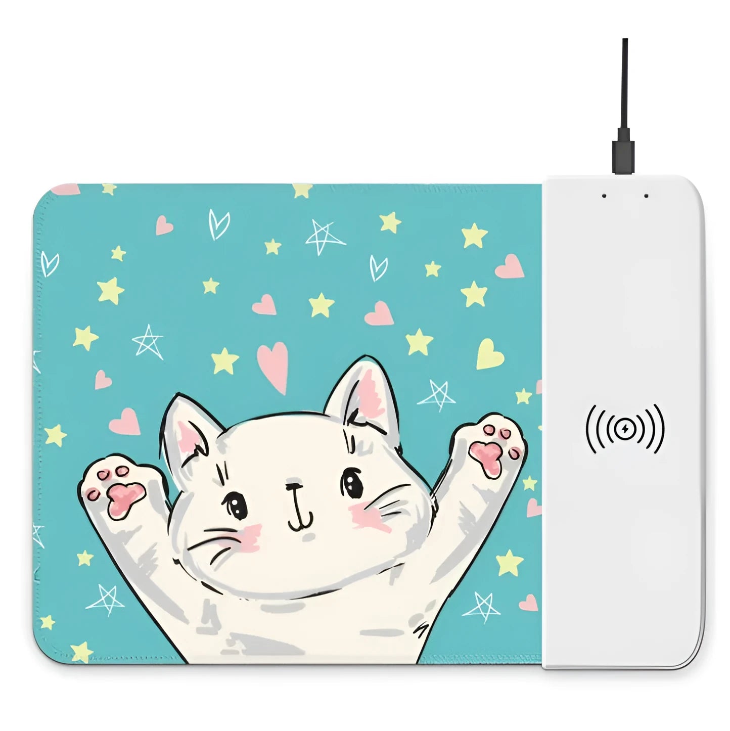 Cartoon pattern wireless charging mouse pad with RGB lighting showing smartphone charging on surface