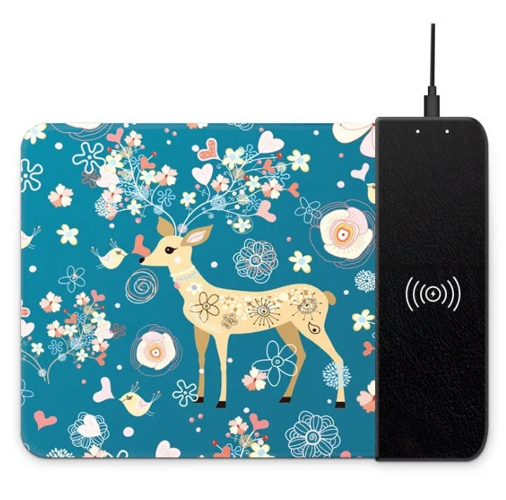 Cartoon pattern wireless charging mouse pad with RGB lighting showing smartphone charging on surface