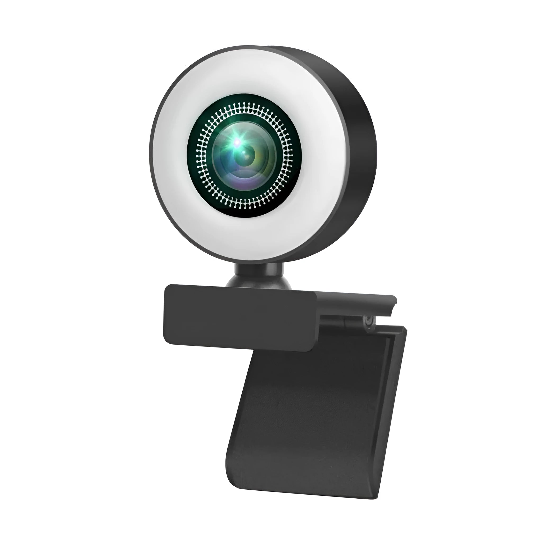 USB webcam with built-in LED ring light and wide-angle lens on a desk