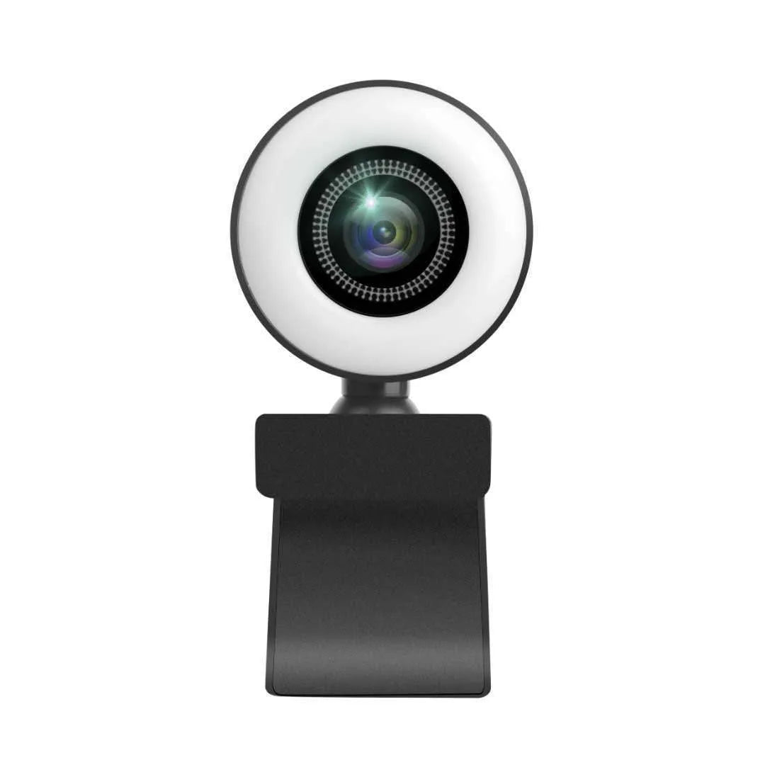 USB webcam with built-in LED ring light and wide-angle lens on a desk