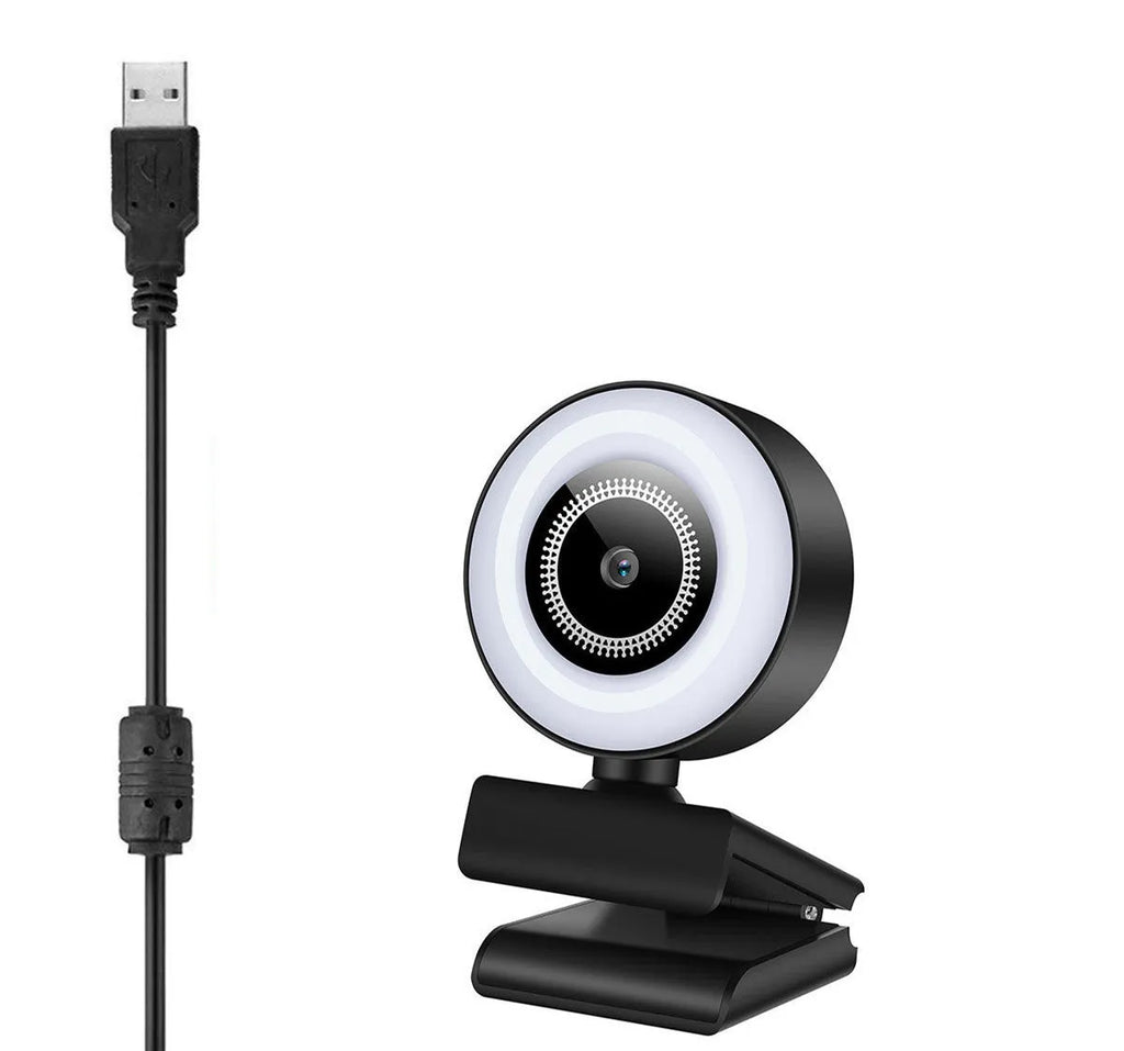 USB webcam with built-in LED ring light and wide-angle lens on a desk