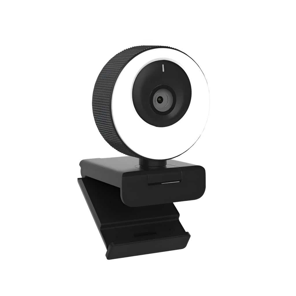 Black USB webcam with privacy cover on 1080p resolution computer camera