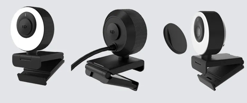 Black USB webcam with privacy cover on 1080p resolution computer camera