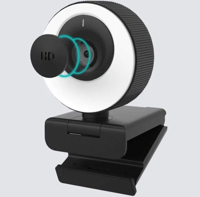 Black USB webcam with privacy cover on 1080p resolution computer camera